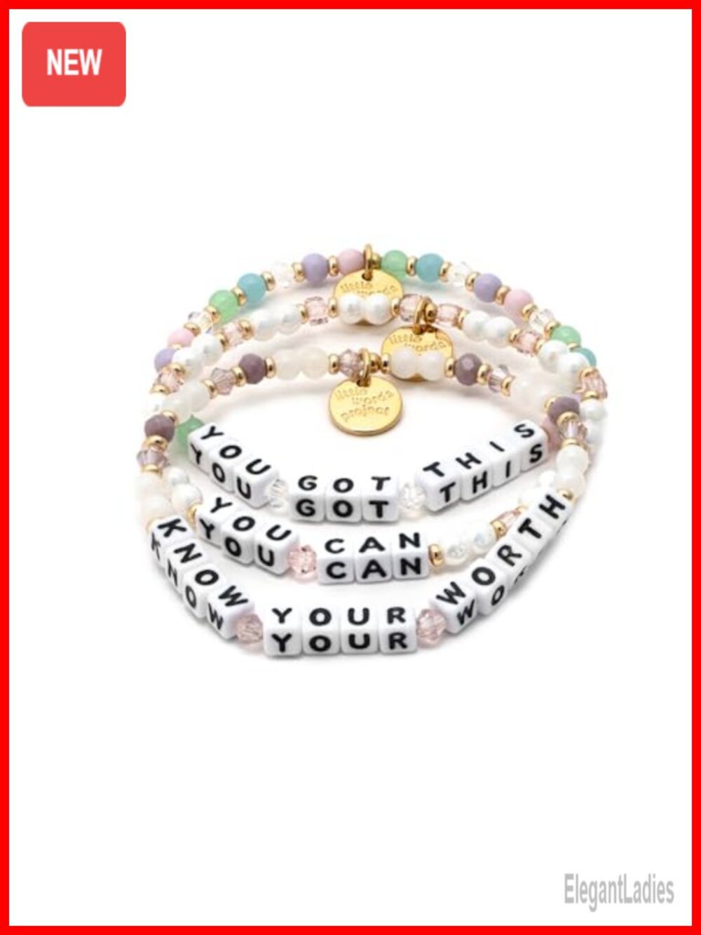 Set of 3 Beaded Stretch Bracelets Plated Brass Elastic Stack